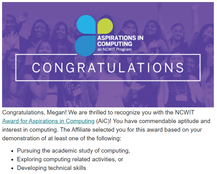 Congratulatory Email from NCWIT after being awarded the NCWIT(National Center for Women & Information Technology) Aspirations in Computing Award